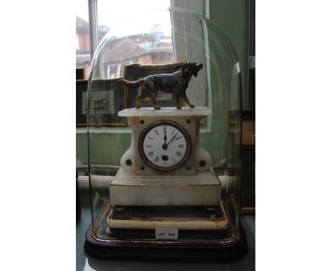 19th century french onyx clock with cast /gilded dog the whole beneath glass dome 41cm high excluding base