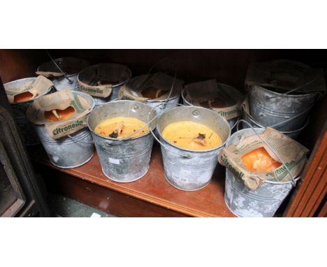 Citronella outdoor candles in galvanised buckets - fork handles, plus seven others