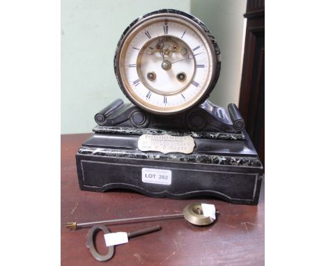 Victorian slate and marble mantel clock - with pendulum &amp; key