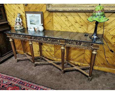 Large carved giltwood finish Console Table with a black marble top (1.95W x 47D x 82cmH) and an accompanying 3-part console M