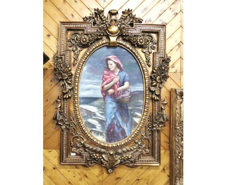 Oil on Board – oval – countryside Portrait of a lady wearing a red shawl, carrying a basket of flowers, in an elaborate resin