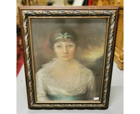 Watercolour – Portrait of a Lady wearing a blue ribbon in her hair and a white dress, signed J O Maelead 1917 60 x 48cm, in a