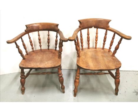 Similar Pair of Pine Captains/Smokers Bow Armchairs, with spindle shaped backs and legs, both in good condition