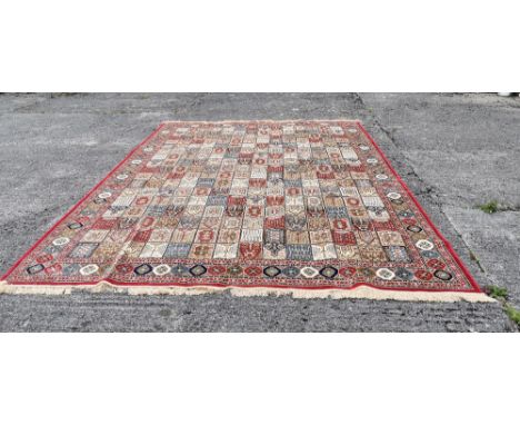 Large Red Ground Kashmir Carpet, all over Persian Panel Design, 2.8m x 3.8m