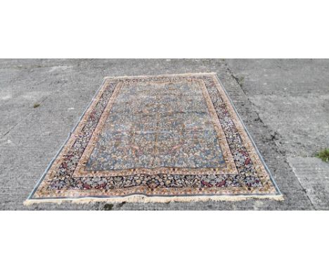 Duck Egg Blue Ground Kashmir Carpet, Tree of Life Design, rich blue border, 3.8m x 2.8m