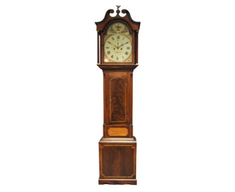 A George III mahogany and line inlaid longcase clock by Robert Croal, the hood with swan neck cornice above glazed door flank