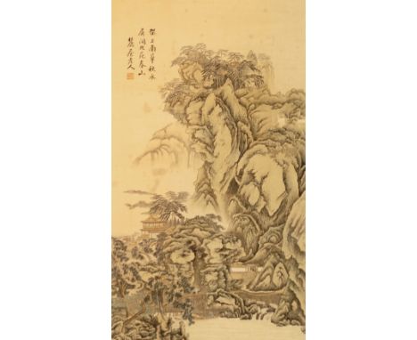 A Chinese scroll picture, late 19th/20th century, decorated with landscape scene, signed in script and red seal, 89 cm high, 