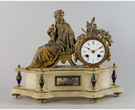 A French spelter and alabaster mantel clock, 19th century, the top mounted with an classical lady holding an urn and caduceus