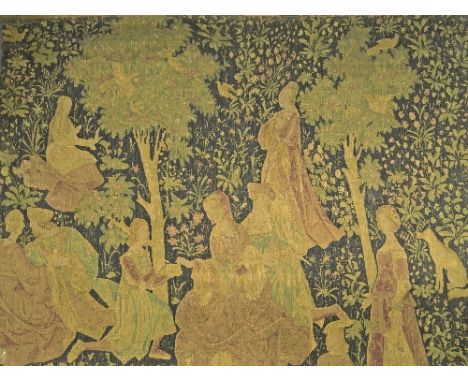 A Belgian Medieval style hand printed tapestry, mid 20th century, 'Fete Galant', depicting courtiers in a wooded landscape, a