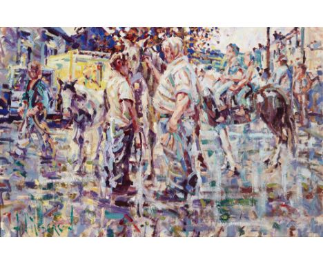 Arthur K. Maderson (b.1942) APPROACHING DUSK AT TALLOW HORSE FAIR, COUNTY WATERFORD oil on board signed lower left; signed an