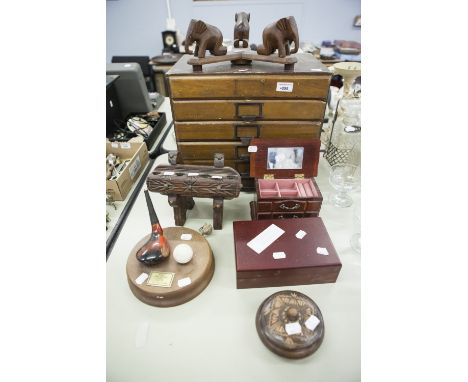 SIX DRAWER WOODEN CHEST, WOODEN PIPE STAND, WOODEN JEWELLERY BOX ETC... 