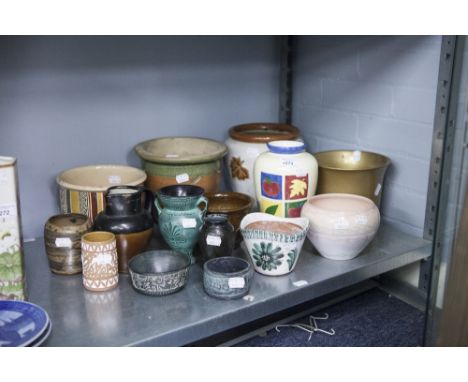 FOUR POTTERY JARDINIERES, FOUR STUDIO POTTERY SMALL CYLINDRICAL VASES AND TRAVEL SOUVENIR CERAMIC ITEMS ETC..... 