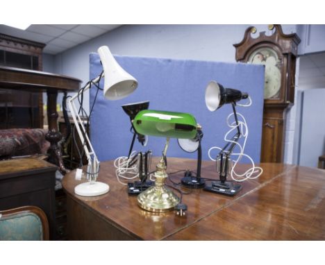 A BRASS DESK LAMP WITH GREEN GLASS SHADE, THREE ANGLE POISE TABLE LAMPS AND A MODERN DESK LAMP (5) 