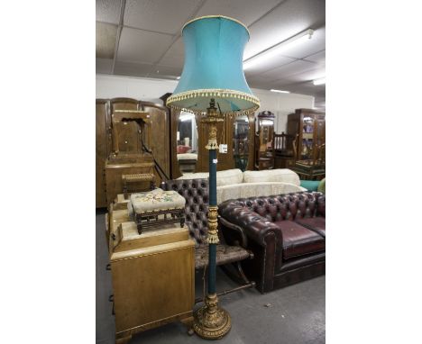 CARVED AND GILTWOOD STANDARD LAMP AND SHADE WITH FABRIC APPLIED TO COLUMN 