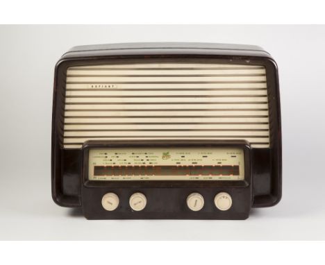 CIRCA 1940'S DEFIANT RADIO RECEIVER MODEL M.S.H 555 AC brown bakelite with cream louvres over speaker fabric and cream contro