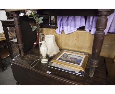 A REPRODUCTION PEDESTAL WINE TABLE, WITH OCTAGONAL TOP, MARBLE TABLE LAMP, SLENDER TALL CLEAR GLASS VASE, AND TWO PRINTS 