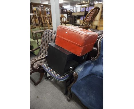 A MODERN PAINTED WOOD LADDER BACK ROCKING CHAIR, A LEATHER POUFFE, BUTTON UPHOLSTERED AND A SMALL TV STAND (3) 