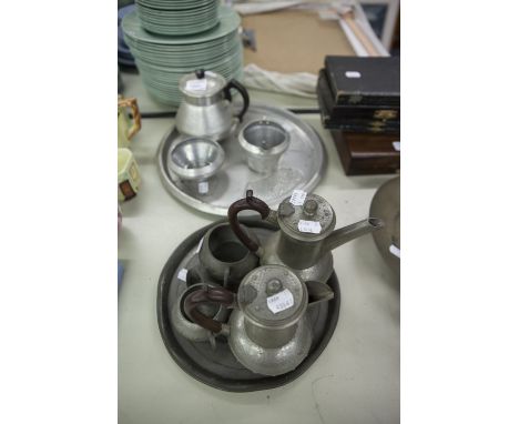 A HAMMERED PEWTER HOMELAND TEA AND COFFEE SERVICE WITH SOME ALUMINIUM EXAMPLES 