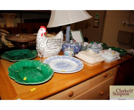 A quantity of various china including French green glazed fish plated, a hen egg tureen, Poole pottery preserve pot; sardine 
