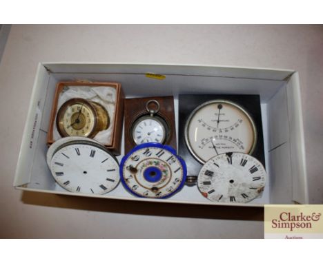 Various clocks; dials; a watch; thermometer etc