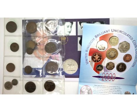 Thirteen early mixed copper coins including Victorian, a 2005 £5 proof coin cover and a 2000 Uncirculated Coin Collection. P&