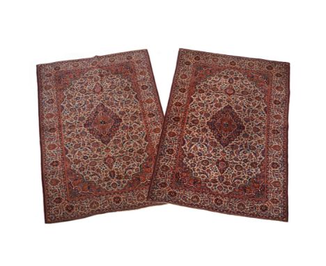 A pair of Kashan rugs, Central Persia, central floral medallion and flowering stems in colours, on a buff ground with red and