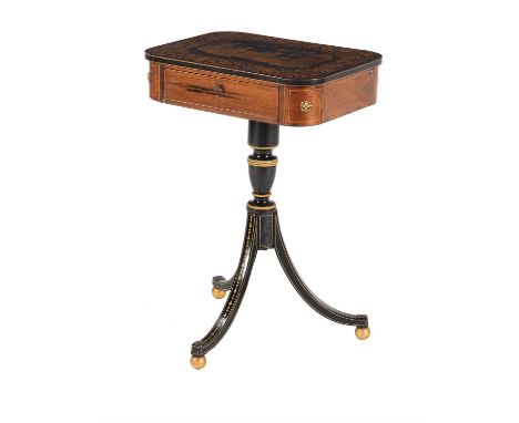 Y A Regency ebonised, rosewood, and pen work occasional table, circa 1820, the top with Chinoiserie exterior scene, with sing