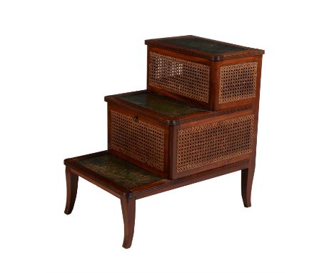 A Regency library step commode, circa 1820, the steps with leather inset treads and rattan panelled sides, incorporating a fl
