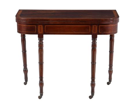 A late George III mahogany and satinwood banded card table, circa 1810, of D-shape, the folding top enclosing a red baize pla