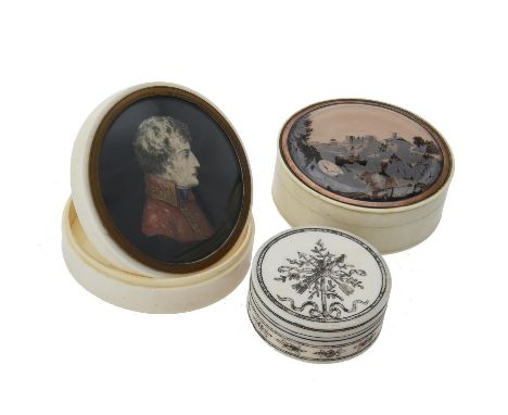 Y An ivory snuff box, 19th century, the convex glazed lid enclosing a portrait miniature of a young Napoleon Bonaparte, signe