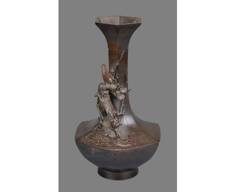 Makino: A Tokyo School Bronze Vase, the body of compressed hexagonal form on a splayed foot and rising to a tall, hexagonal s