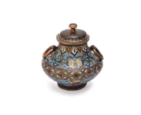 A Chinese cloisonné hu-shaped vase and cover, Qing Dynasty, of compressed globular form, decorated to the globular body with 