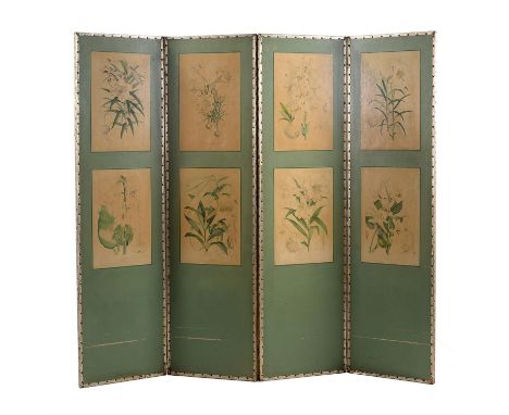 A green painted and silver leather mounted four-fold room screen, 20th century, each panel inset with two botanical prints, e