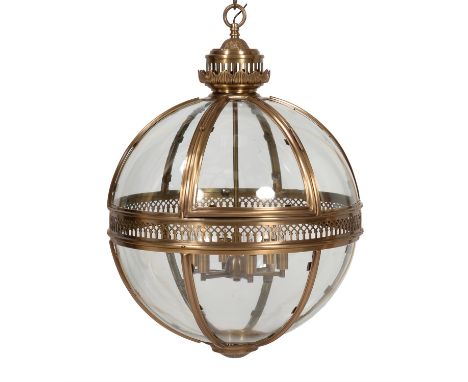 A bronzed metal and glazed 'globe' lantern or porch light, modern, the segmented globular body with central pierced band, enc