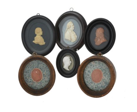 A collection of six assorted wax and composition portrait reliefs, late 18th and 19th centuries, comprising; a pair of red re
