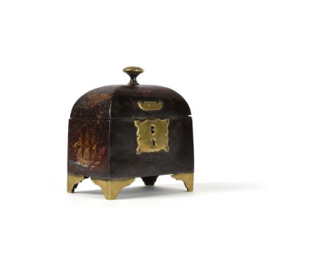 An early Victorian transfer decorated iron and brass mounted tobacco box, of early Railway interest, second quarter 19th cent