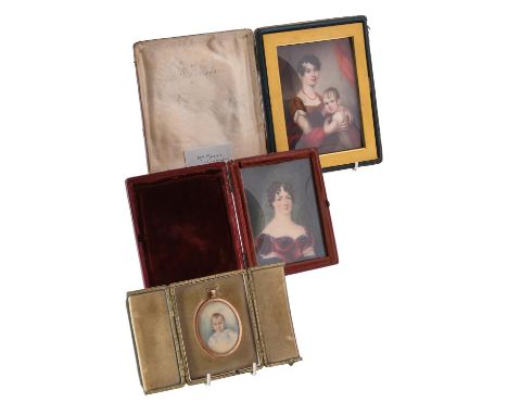 Y W. Haines; a portrait miniature, watercolour on ivory, Mrs Mason and her daughter Clarentia, under bevelled glass and with 