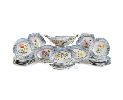 A Spode porcelain botanical part dessert service, circa 1815, decorated with pattern 2329, comprising: a two handled navette-