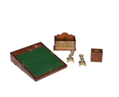 A collection of desk items, comprising; a Victorian mahogany writing slope, of traditional form, 14cm high, 41cm wide, a pair