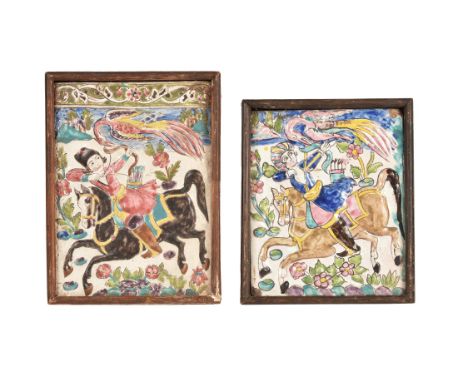 Two relief moulded polychrome painted tiles, Qajar type, Persia, late 19th or first half 20th century, each depicting a horse