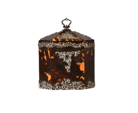 Y  A Victorian tortoiseshell and silver octagonal tea caddy, dated 1899, with the pagoda top enclosing a subsidiary cover, wi