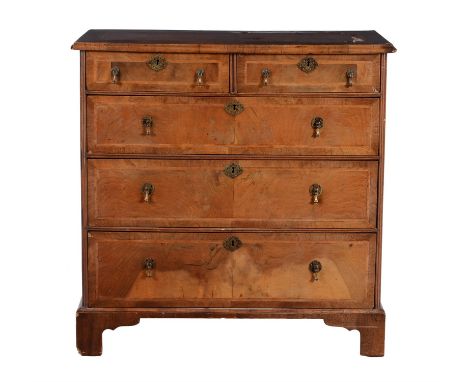 A George II walnut and feather banded chest of drawers, circa 1740, 100cm high, 100cm wide, 51cm deepCondition Report: Marks,