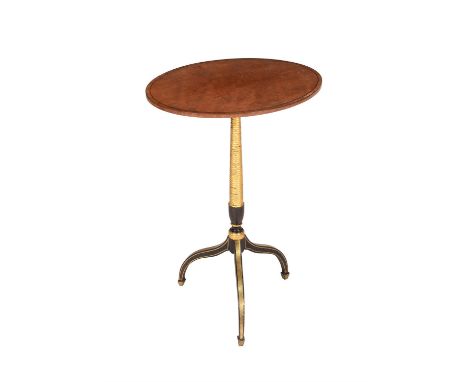 A mahogany, simulated rosewood and parcel gilt occasional table, circa 1815 and later, the crossbanded oval top above a tripo