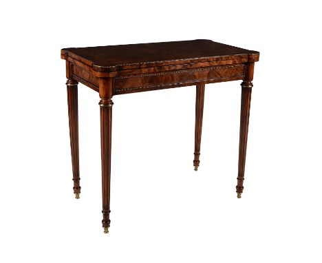 A Victorian burr walnut folding card table in French taste, circa 1880, by Gillow & Co, the folding top with baize playing su
