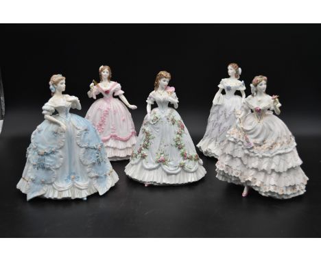 A collection of five limited edition Royal Worcester figures, Victorian style ladies in ball gowns. H.24cm 