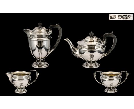 Arts and Crafts Design Superb Quality (Thick Gauge) Sterling Silver Four Piece Tea Service of wonderful design and proportion