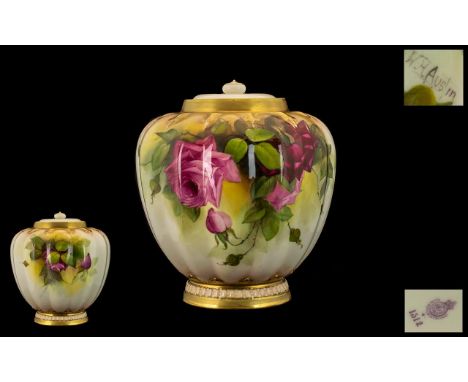 Royal Worcester Hand Painted and Large and Impressive Lidded Jar with Fluted Panels, Decorated with Images of Pink and Red Ro