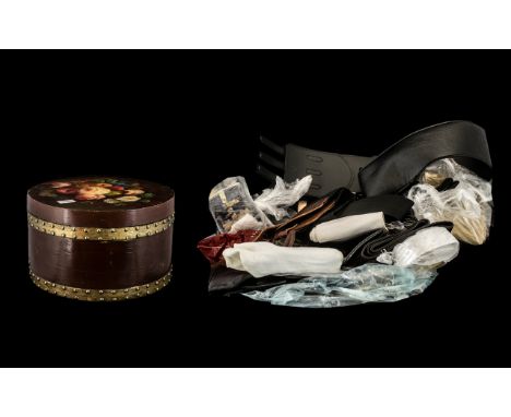 Large Decorative Hat Box Full of Ladies Belts in various widths and textiles, from leather, stretch, wide, narrow etc.  Large