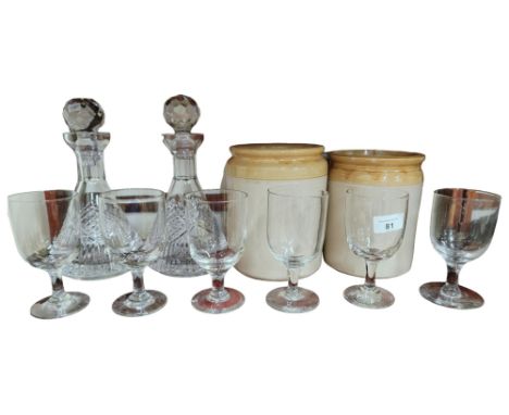 2 x MATCHING TYRONE CRYSTAL DECANTERS, 2 x STONEWARE POTS &amp; 6 VINTAGE GLASSES 