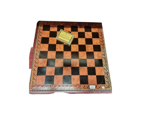 CHESS/DRAUGHTS BOARD WITH VINTAGE BOXED DRAUGHTS SET 